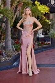 FITTED RHINESTONE EMBELLISHED BODICE THIGH SLIT ZIPPER BACK - Image 5