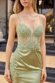 FITTED STRETCH SATIN THIGH HIGH SLIT SEQUIN ILLUSION BODICE - Image 8