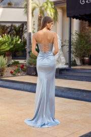 FITTED STRETCH SATIN THIGH HIGH SLIT SEQUIN ILLUSION BODICE - Image 3