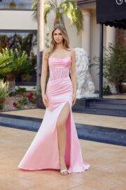 STRAPLESS PEAKED NECKLINE SEQUIN APPLIQUE THIGH HIGH SLIT - Image 16