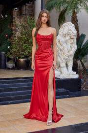 STRAPLESS PEAKED NECKLINE SEQUIN APPLIQUE THIGH HIGH SLIT - Image 10