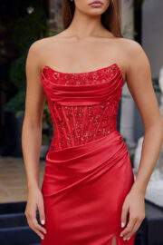 STRAPLESS PEAKED NECKLINE SEQUIN APPLIQUE THIGH HIGH SLIT - Image 8