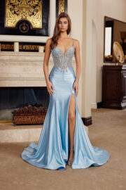 FITTED SHIMMER JERSEY RHINESTONES EMBELLISHMENTS THIGH SLIT - Image 2