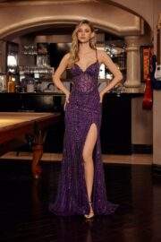 BEADED TULLE GOWN LACE UP BODICE PEAKED NECKLINE THIGH SLIT - Image 2
