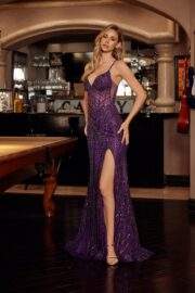 BEADED TULLE GOWN LACE UP BODICE PEAKED NECKLINE THIGH SLIT - Image 9