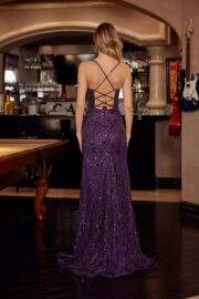 BEADED TULLE GOWN LACE UP BODICE PEAKED NECKLINE THIGH SLIT - Image 8