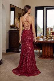 BEADED TULLE GOWN LACE UP BODICE PEAKED NECKLINE THIGH SLIT - Image 4