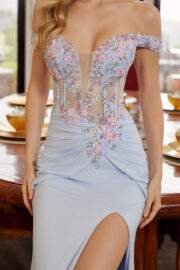 FITTED OFF SHOULDER WOVEN EMBELLISHMENTS SHIMMER JERSEY GOWN - Image 11