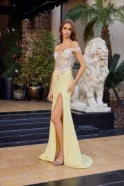 FITTED OFF SHOULDER WOVEN EMBELLISHMENTS SHIMMER JERSEY GOWN - Image 9