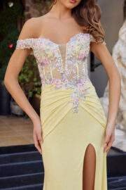 FITTED OFF SHOULDER WOVEN EMBELLISHMENTS SHIMMER JERSEY GOWN - Image 8