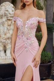 FITTED OFF SHOULDER WOVEN EMBELLISHMENTS SHIMMER JERSEY GOWN - Image 4
