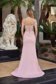 FITTED OFF SHOULDER WOVEN EMBELLISHMENTS SHIMMER JERSEY GOWN - Image 3