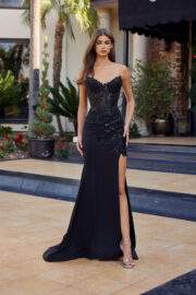 STRAPLESS FITTED SHIMMER JERSEY THIGH HIGH SLIT BONED BODICE - Image 2