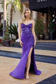 STRAPLESS FITTED SHIMMER JERSEY THIGH HIGH SLIT BONED BODICE - Image 8