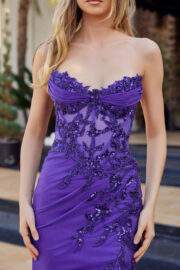 STRAPLESS FITTED SHIMMER JERSEY THIGH HIGH SLIT BONED BODICE - Image 6