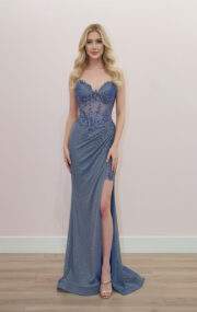 FITTED STRAPLESS GOWN IN SHIMMER JERSEY WITH THIGH HIGH SLIT