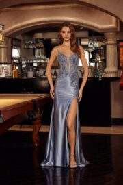 SHINY SATIN GOWN FEATURING A PLUNGING V NECKLINE
