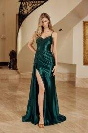 LONG SHINY SATIN GOWN WITH A V NECKLINE SPAGUETTI STRAPS - Image 2