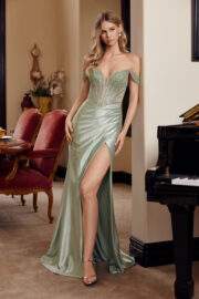 PLUNGING V NECKLINE FULL BEADING BODICE OFF SHOULDER STRAPS