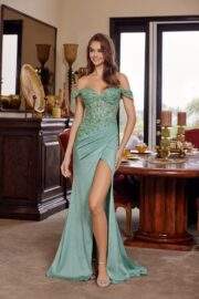 OFF SHOULDER STRAP STRETCH GLITTER SATIN SWEETHEART BUSTLINE