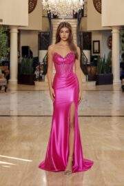 SHINY SATIN STRAPLESS V NECKLINE WITH FULL BEADED BUSTLINE