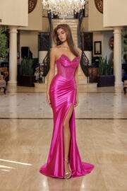 SHINY SATIN STRAPLESS V NECKLINE WITH FULL BEADED BUSTLINE - Image 2