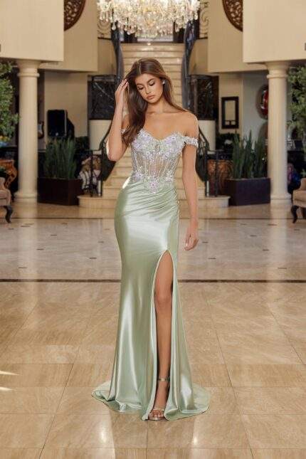 OFF THE SHOULDER STRAPS SHINY SATIN SWEETHEART BUST LINE