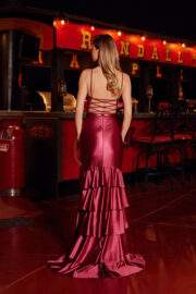LONG SATIN V NECKLINE LOW LACE UP BACK AND MULTI LAYER SKIRT - Image 2