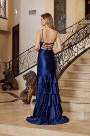 LONG SATIN V NECKLINE LOW LACE UP BACK AND MULTI LAYER SKIRT - Image 6