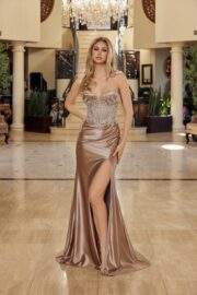 SHINY SATIN LONG STRAPLESS FIT PLUNGING BUSTLINE