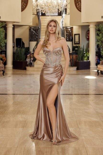 SHINY SATIN LONG STRAPLESS FIT PLUNGING BUSTLINE