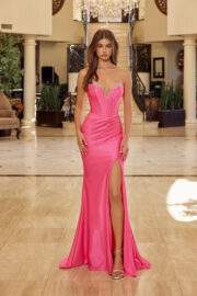 PLUNGING V NECKLINE BEADED EDGES BONED WAISTLINE