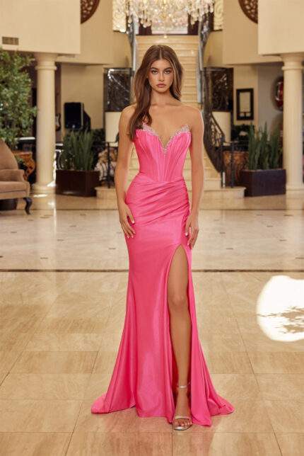 PLUNGING V NECKLINE BEADED EDGES BONED WAISTLINE