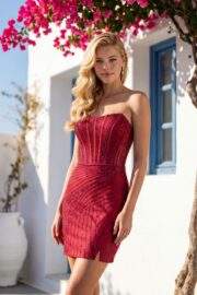 STRAPLESS BEADED GEOMETRIC SATIN MINI COCKTAIL DRESS - Image 4