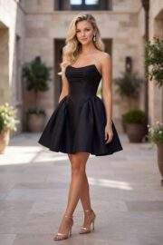 STRAPLESS PLEATED SATIN A LINE MINI DRESS