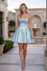 STRAPLESS PLEATED SATIN A LINE MINI DRESS - Image 3