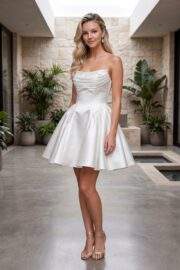 STRAPLESS PLEATED SATIN A LINE MINI DRESS