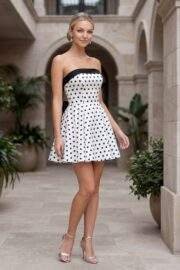STRAPLESS POLKA DOT A LINE MINI DRESS BACK BOW - Image 3