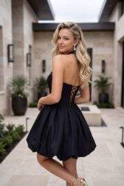 CORSET BUBBLE HEM MINI TAFFETA DRESS WITH CHOKER - Image 2