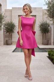 SLEEVELESS BOW ACCENT BACK MINI A LINE SATIN DRESS