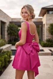 SLEEVELESS BOW ACCENT BACK MINI A LINE SATIN DRESS - Image 2