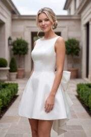 SLEEVELESS BOW ACCENT BACK MINI A LINE SATIN DRESS