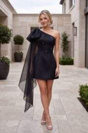 SATIN ONE SHOULDER TULLE ACCENT MINI DRESS WITH PEARLS