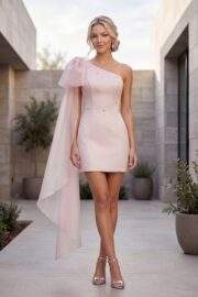 SATIN ONE SHOULDER TULLE ACCENT MINI DRESS WITH PEARLS - Image 3