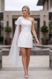 SATIN ONE SHOULDER TULLE ACCENT MINI DRESS WITH PEARLS