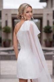 SATIN ONE SHOULDER TULLE ACCENT MINI DRESS WITH PEARLS - Image 2